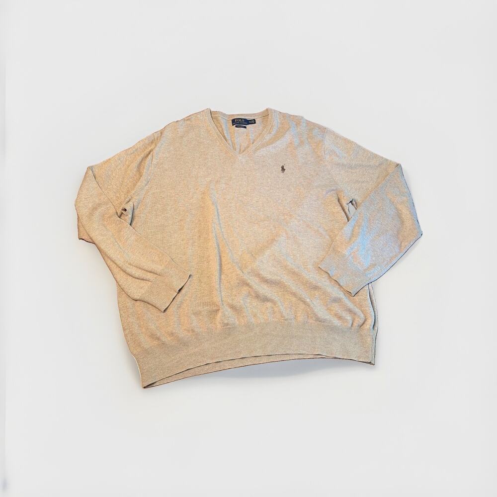 Polo Ralph Lauren Men's Size XXL Tan V-Neck Pima Cotton Knit Pony Sweater